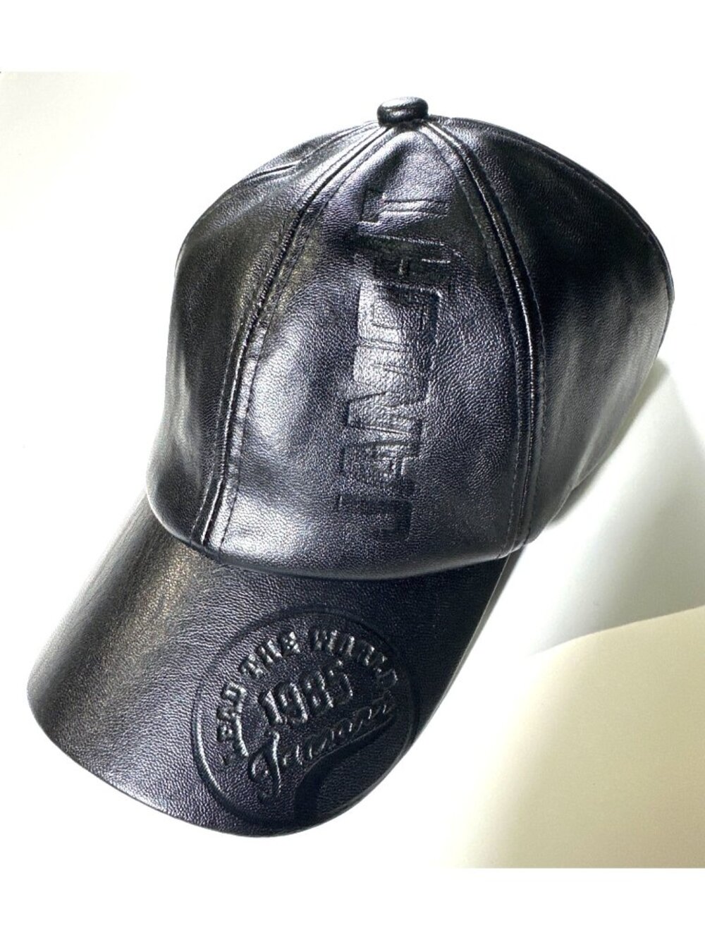 Black Genuine Leather Adjustable Baseball Cap With Embossed 1985 Graphic Design